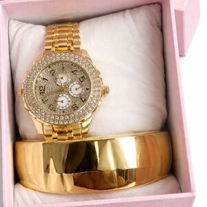 Gold Women's Watch and Bracelet Set